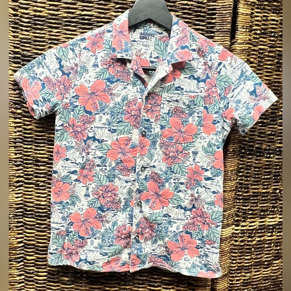 Lands' End - Youth Floral Button Down Shirt - Red and Blue, Medium (8)